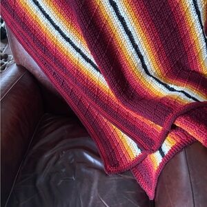 Vintage Handmade Crocheted Afghan 70s Colors Reds Oranges Boho Hippie 92x62”